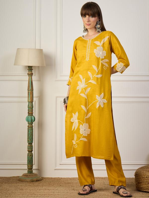 VP 9771 Y Yellow Embroidery Silk Straight Kurta With Trousers & Dupatta Sets